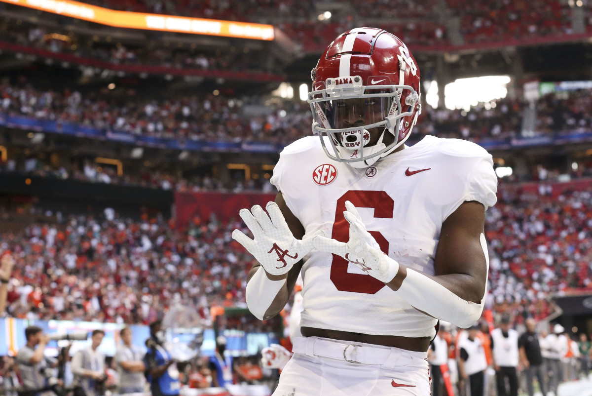 Alabama Crimson Tide running back Trey Sanders (6) celebrates after scoring a touchdown against the Miami Hurricanes at Mercedes-Benz Stadium. Alabama won 44-13.